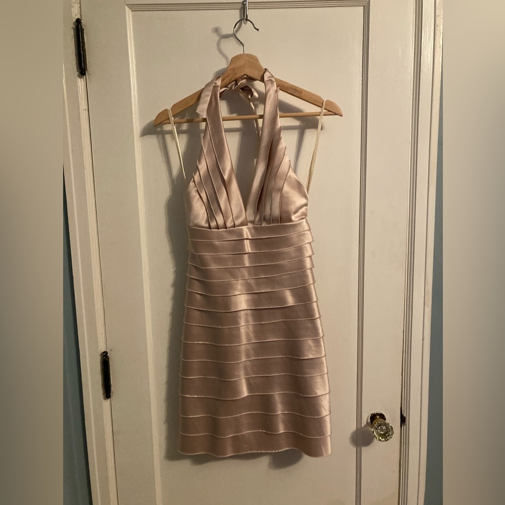 BCBGMaxAzria cocktail bachelorette dress, champagne, body con satin, size 2